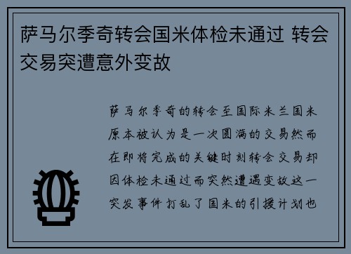 萨马尔季奇转会国米体检未通过 转会交易突遭意外变故