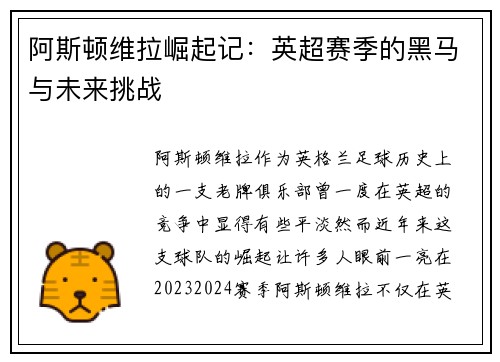阿斯顿维拉崛起记：英超赛季的黑马与未来挑战